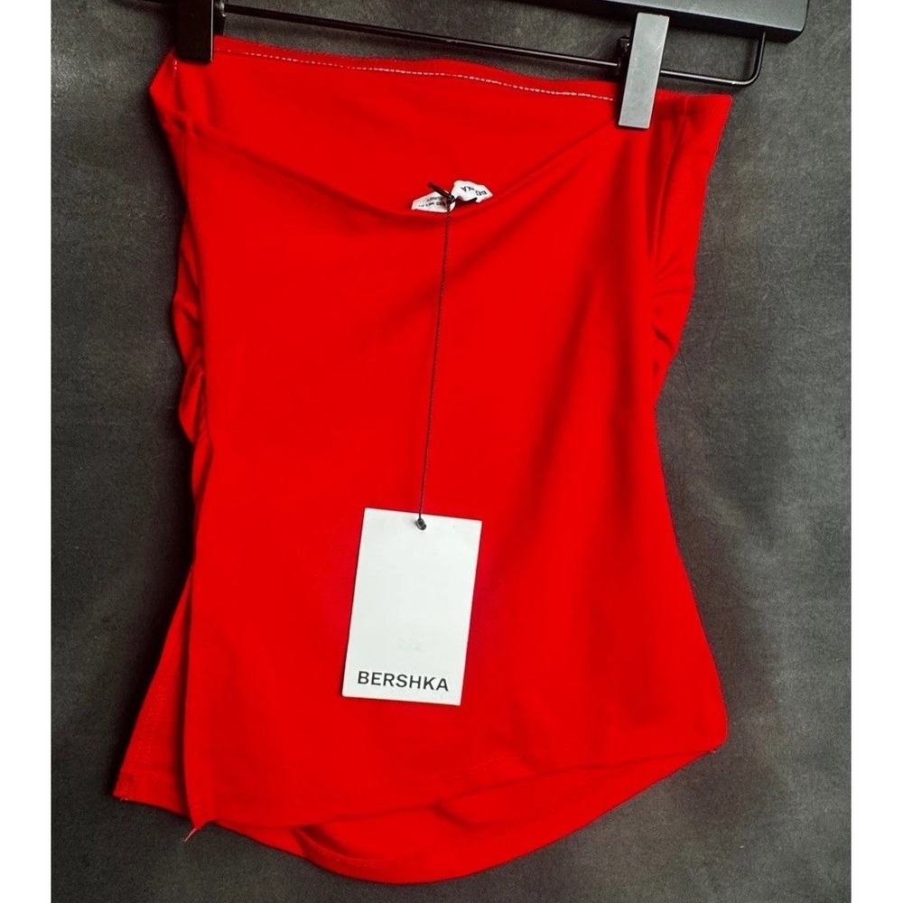 Bershka Tube Top XS Red NWT Strapless Ruched Asymmetrical Y2K Minimalist Summer - Picture 3 of 4